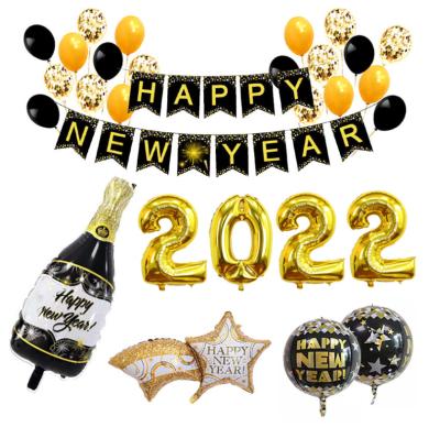 China Festival Decoration 2022 New Year Party Set New Year Black Flag Gold Glitter Balloon for sale