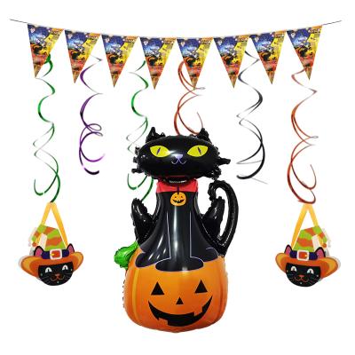 China Wholesale Party Decoration New Black Cat Inflating Foil Balloon Banner Cute Suger Box For Halloween Party Decoration for sale