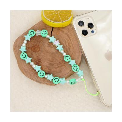 China Fashion Acrylic Beaded Bracelet Lanyard Happy Face Bead Phone Beaded Lanyard Wrist Strap Mobile Phone Chain for sale