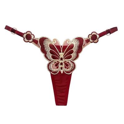 China Antibacterial cute butterfly embroidery women thongs and G strings young girls sexy transparent panties adjustable thong underwear for sale