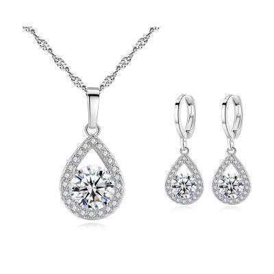 China TRENDY Clear Bling Bling Diamond Water Drop Necklace Sets Micro Pave Cubic Zircon CZ Jewelry Sets Crystal Clip On Earrings for sale