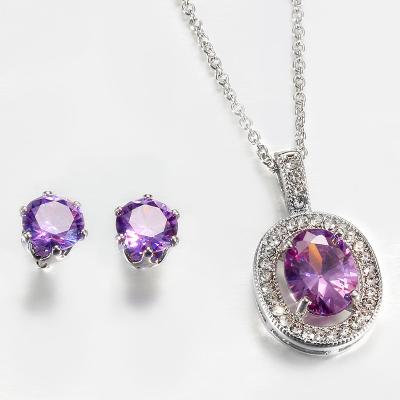 China FASHIONABLE Wholesale Luxury Bridal Wedding Jewelry Sets Austrian Crystal Necklace Earring Sets Micro Zircon Amethyst Jewelry Sets for sale