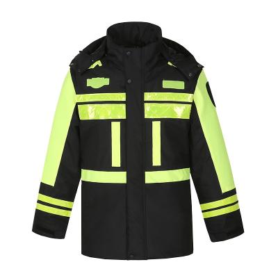 China Custom Made Breathable Black Thick Reflective Cold Rescue Duty Clothing Cotton Raincoat Winter Jacket Safety Reflective Jacket for sale