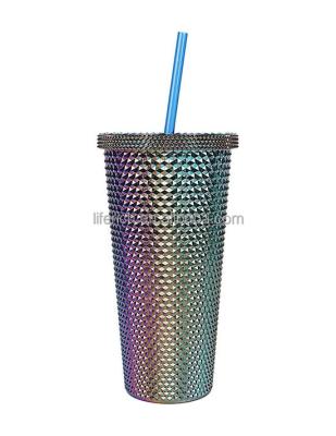 China Viable Plastic Studded Mug Straw Cup Tumblers With Own Logo Matte Double Wall Diy 24oz Quality Durian Sticker for sale