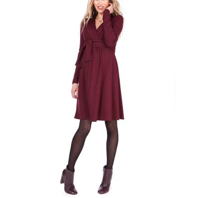 China Autumn Winter Long Sleeve Breastfeeding Breathable V-Neckline Sexy Design Dress Soft Comfort Plus Size Maternity Clothes Wholesale for sale