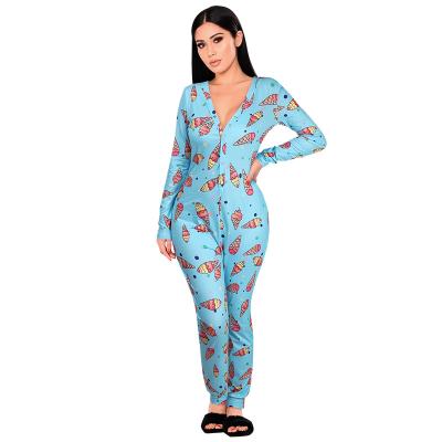 China Custom QUICK DRY One Piece Sleepwear Pattern Printing V-Neck Design Pajamas Women Wholesale Breathable Elastic Women Overalls for sale