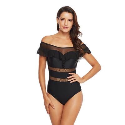 China Breathable Sexy Tulle Ruffled Patchwork Women Swimwear One Piece Boat Neck Bare Shoulders Shape Slimming Ladies Beach Wear for sale