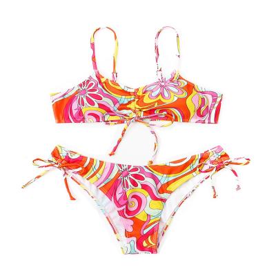 China 2022 New Women's Sexy Pleated Swimsuit Halter Breathable String Split Bikini Printing With Beach Pants for sale