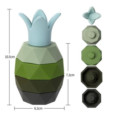 China Funny Bpa ECO Free Silicone Baby Fruit Pineapple 5pc Stacking Blocks Non-Toxic Customized Educational Kids Teether Set Kids Toys for sale