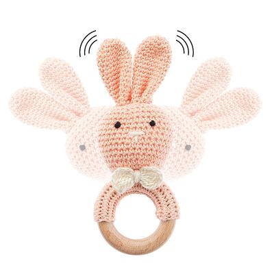 China Soft Toy Hot Safety Wooden Animal Crochet Baby Rattle Teether Toys Teether Toy Beech Wood Teether Ring Gift for sale