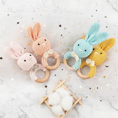 China Soft Toy Natural Handmade Crochet Bunny Teether Baby Wooden Teething Ring Stuffed Amigurumi rattles toy for sale