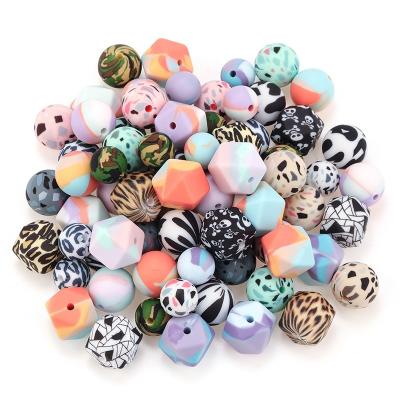 China Toy Wholesale Bpa Free Baby Teething Soft Round Shape Food Grade Colorful Silicone Leopard Loose Teether Beads for sale