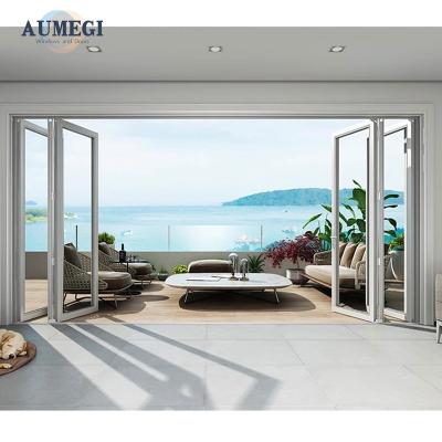 China Sound Insulation Aumegi Cheap Price Low-E Glass Interior Bi-Fold doors Industrial Folding Door Bifold Doors for sale