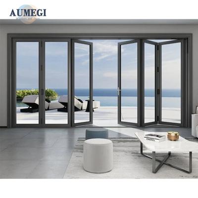 China Sound Insulation Aumegi Custom Windproof Interior Folding Door Double Glazed Bifold Doors for sale