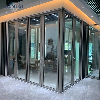 China Sound Insulation Aumegi Windproof Exterior doors Patio Aluminum Folding Door Living Room Exterior Bifold Doors for sale