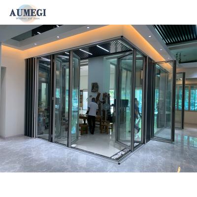 China Sound Insulation Aumegi Best Selling Thermal Insulation Double Glazing Exterior Bi Folding Doors Aluminum Bifold Door for sale