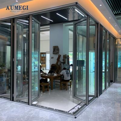 China Sound Insulation Aumegi Low-E Glass Exterior Bi Folding Door Windproof Aluminum Bifold Patio Doors for sale