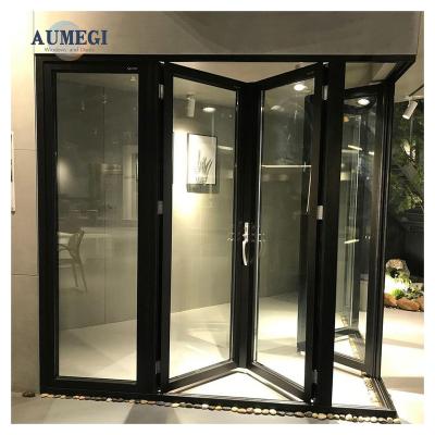 China Sound Insulation Aumegi Export Quality Windproof Exterior Bi Folding Door Patio Doors Double Glazing Veranda Bifold Doors for sale