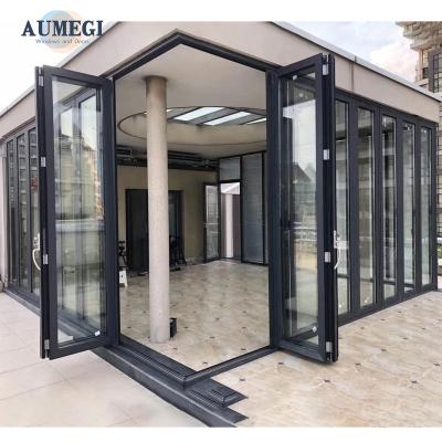 China Sound Insulation Aumegi Export Quality Frosted Glass Exterior Bi Folding Door Bifold Glass Garage Doors for sale