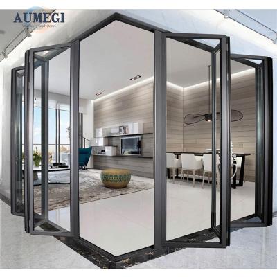 China Sound Insulation Aumegi Popular Design Hurricane proof Exterior Bi Folding Bifold Door Aluminum Fold Doors for sale