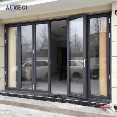 China Sound Insulation Aumegi Windproof Folding Aluminum Frame Glass Stack Bifold Door Concertina Folding Door Bifold Patio Doors for sale