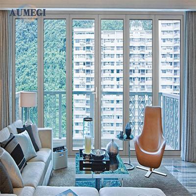 China Sound Insulation Aumegi Modern Style Low-E Glass Slim Frame Kitchen Folding Door Bifold Glass Doors for sale