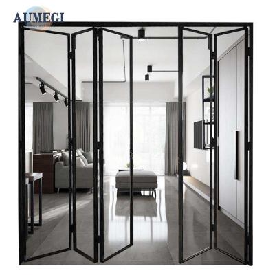 China Sound Insulation Aumegi Cheap Price Low-E Glass Interior Folding Double Glass Aluminium Bifold Door for sale