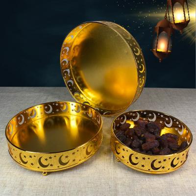 China New Amazon Organizer Wholesale Eid Mubarak Ramadan Metal Party Dessert Tray PVC Moon Star Food Tableware Display Desk 3Pcs/Set for sale