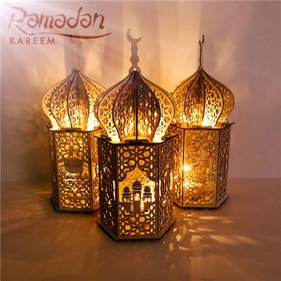 China PVC 24X10X10cm DIY Wooden Ramadan Palace With LED Night Light Eid Mubarak Muslim Islam EID Home Decoration Ornament for sale