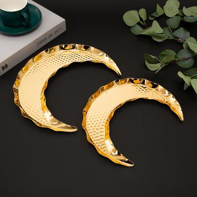 China Iron Party Supplies Eid Mubarak Moon Shaped Ramadan Dish Metal Tray Fruit Cake Decoration Ramadan Tray Moon for sale