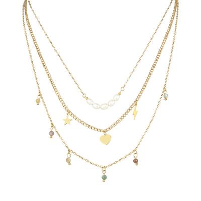 China TRENDY Simple 14K Gold Plated Multi Layer Pearl Beaded Necklace Layered 316l Stainless Steel Star Heart Pendant Necklace for sale