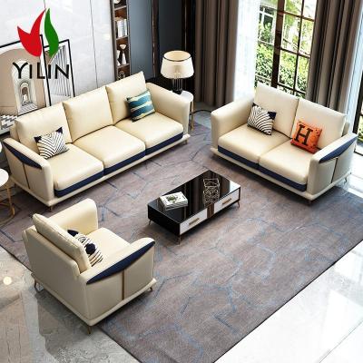 China Leather Sectional Living Room Sofa Set And Pillow Modern Stainless Steel Sofa Legs A22 China Furniture Supplier Design Long Couch Cream Canape Leather for sale