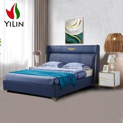 China Wing Back Cow Gold B190 Iron Legs Upholstery Modern Leather King Size Frame Bed for sale