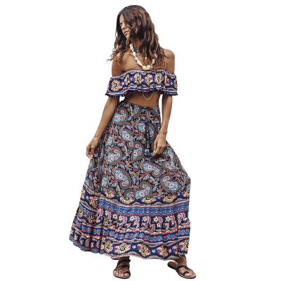 China Anti-wrinkle HJ lady fashionable clothing off the shoulder boho bohemian women summer floral maxi dress ruffle nude casual dresses for sale