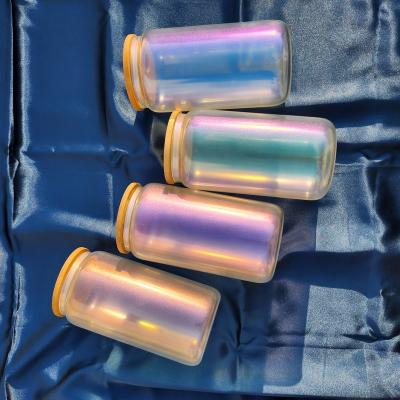 China Stunning Iridescent Stocked 16oz Shimmer Sublimation Beer Can Glass With Bamboo Lid And Straw for sale