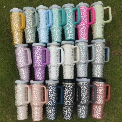 China Stocked 40oz Laser Engraving Holographic Leopard Print Coffee Mugs Stainless Steel Tumbler With Handle And Straw for sale