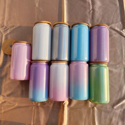 China Hotsale Stocked Iridescent Glass Can Shade Glass Tumbler With Lid 16oz Bamboo Glitter Sublimation Glass Box for sale