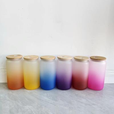 China Wholesale 16oz Stocked Gradient Color Sublimation Frosted Ombre Glass Box With Lid And Bamboo Straw for sale