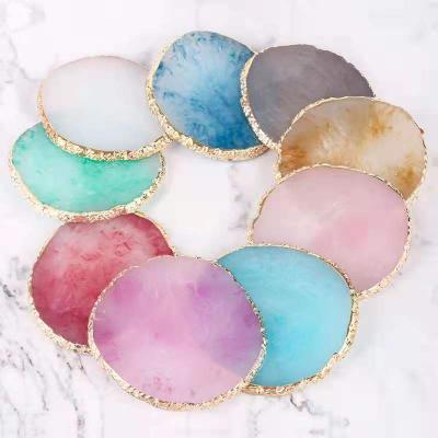 China Europe Hot Sale Price Cheap Rose Quartz Resin Crystal Agate Coaster With Gold Silver Trim for sale