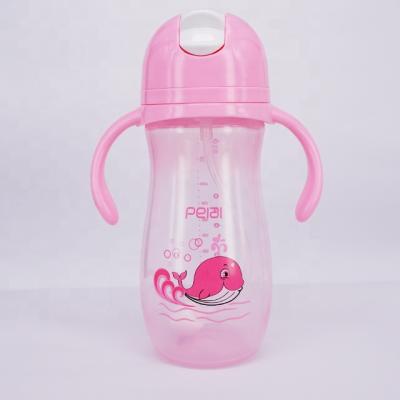 China Wholesale Lightweight Portable 300ml Learn Drinking Water Straw Handle Training Cup Baby Clear PP Feeding Bottle for sale