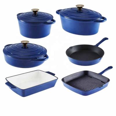 China Factory Vintage 11pcs Blue Color Enamel Cast Iron Kitchen Sustainable Non Stick Cookware Set Cooking Pots For Home Kitchen for sale