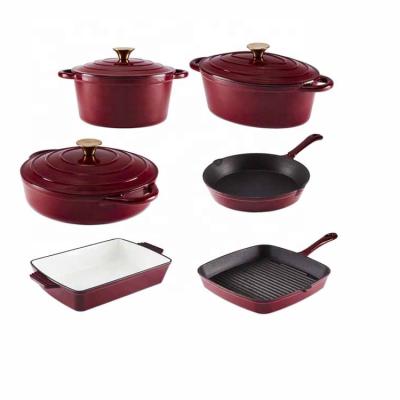 China Amazon Sustainable Collection Red Enamel Cast Iron Set Cookware Cast Iron Cookware Set Cooking Sets For Kitchen for sale