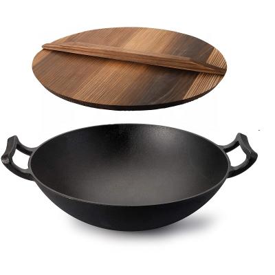 China High Quality Eco-friendly Amazon Chinese Preseasoned Cast Iron Camping Wok 14inch With Double Handles for sale