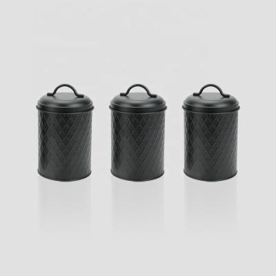 China size 3 in 1 round kitchen metal canister set for sugar with sealed lid / small size cookie canisters black color for sale