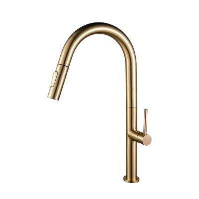 China Simple Modern Deck Mounted Faucet High Arc Handle Brushed Gold Kitchen Faucet With Pull Down Sprayer for sale