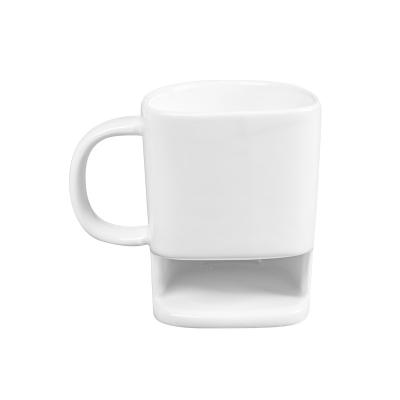 China Viable Porcelainous Milk Face Mug Tea Mugs With Stand White Ceramic Cookies Pocket Cookies Cup Coffee Mug for sale