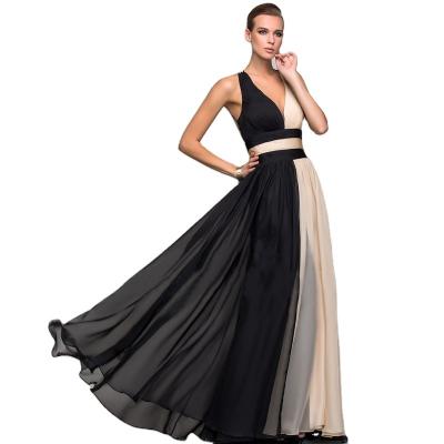 China Fashion Women's Breathable V-Neckline Color Evening Party Sleeveless Splicing Backless Dress Slim Waist Sexy Elegant V-Neck Long Dress for sale