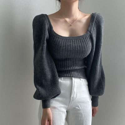 China Waterproof 2021 new autumn temperament square neck puff sleeve solid color knitted top women size warm bottoming long sleeve thin sweater for sale