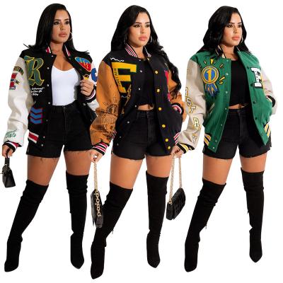 China 2022 QUICK DRY New Spring Yarn Printed Baseball Jacket Women Letterman Jacket Casual Patchwork Bomber Jacket for sale