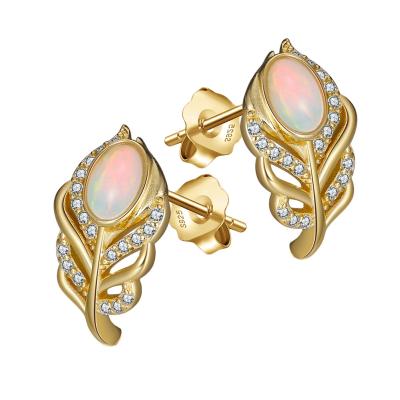 China Romantic Genuine Natural Opal Gemstone Studs Handmade 925 Sterling Silver Jewelry RINNTIN GME02 Feather Earrings Earring For Women for sale